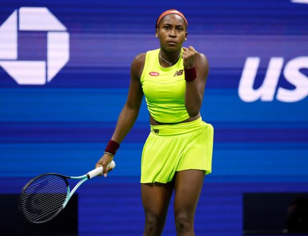 Coco Gauff of the United States celebrates a point against Laura Siegemund of Germany during their Women's Singles First Round match on Day One of the 2023 US Open at the USTA Billie Jean King Natio<em></em>nal Tennis Center on August 28, 2023 in the Flushing neighborhood of the Queens borough of New York City.  