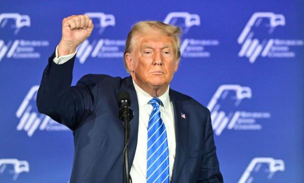  Former US president and Republican presidential candidate Do<em></em>nald Trump addresses the Republican Jewish Coalition (RJC) Annual Leadership Summmit on October 28, 2023 at the Venetian Co<em></em>nference Center in Las Vegas, Nevada.